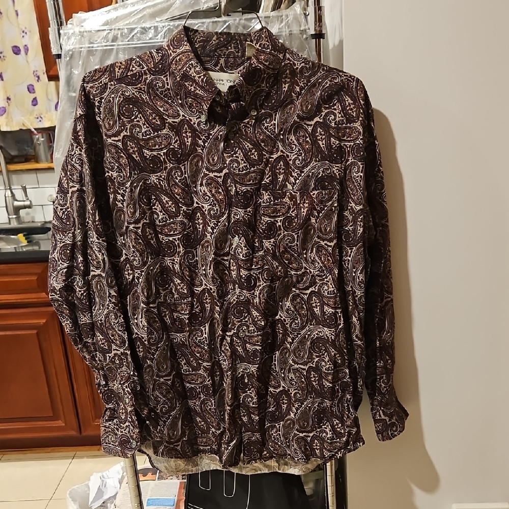 Evan Picone Sport Vintage 100% Cotton Paisley Long Sleeve Button Up Shirt